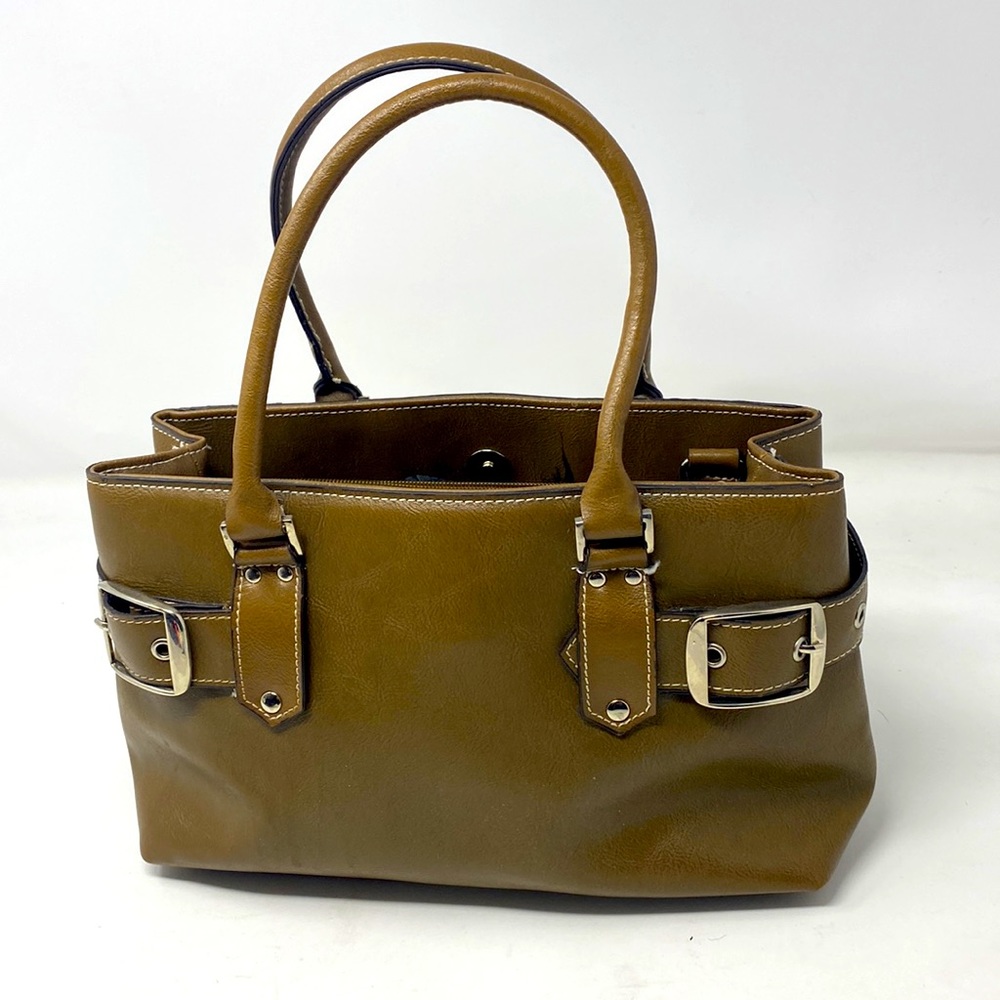 Aldo smooth leatherette stylish handbag with adjustable silver toned buckles